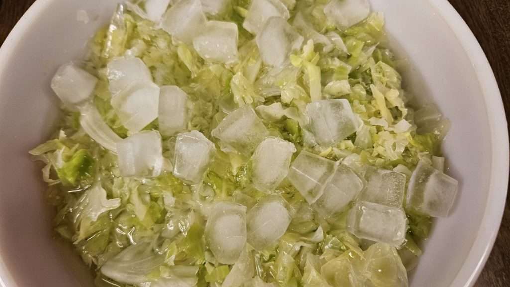 Steamed shredded cabbage in a bowl of ice water.