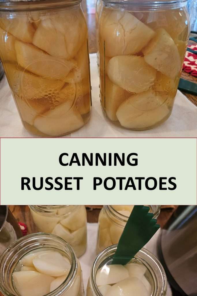 On the top is a photo of russet potatoes after canning. On the bottom is a photo of debubbling russet potatoes before canning.