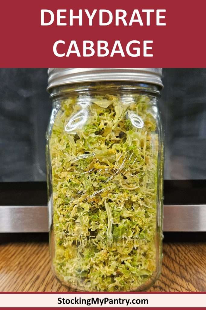 dehydrate cabbage pin with a mason jar filled with dehydrated cabbage.