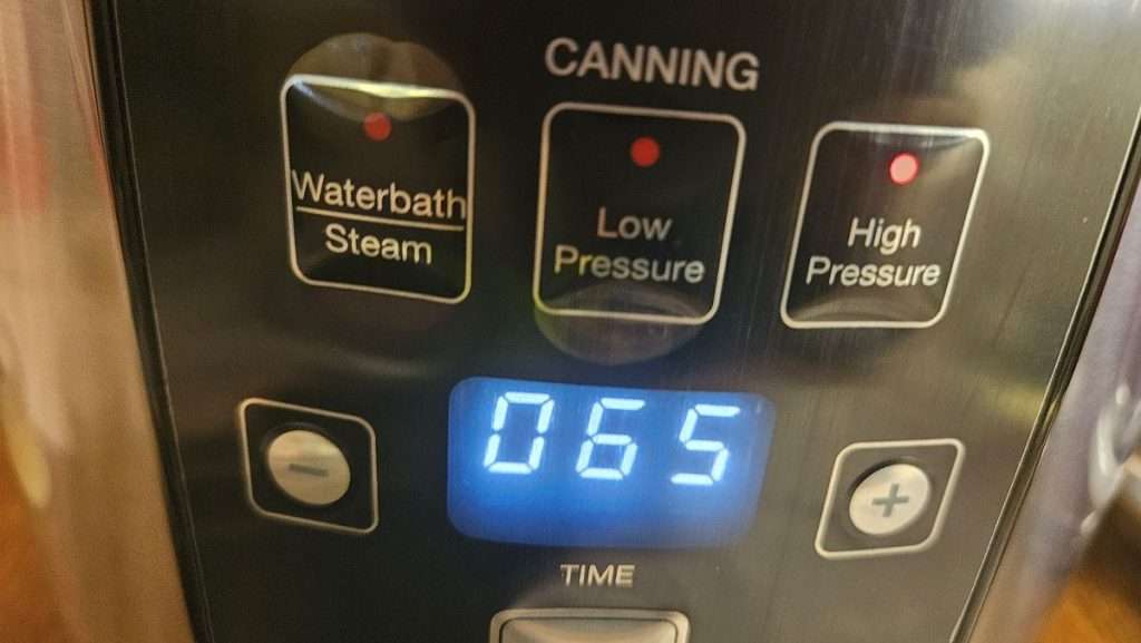 Nesco canner showing 65 minutes on the control panel.